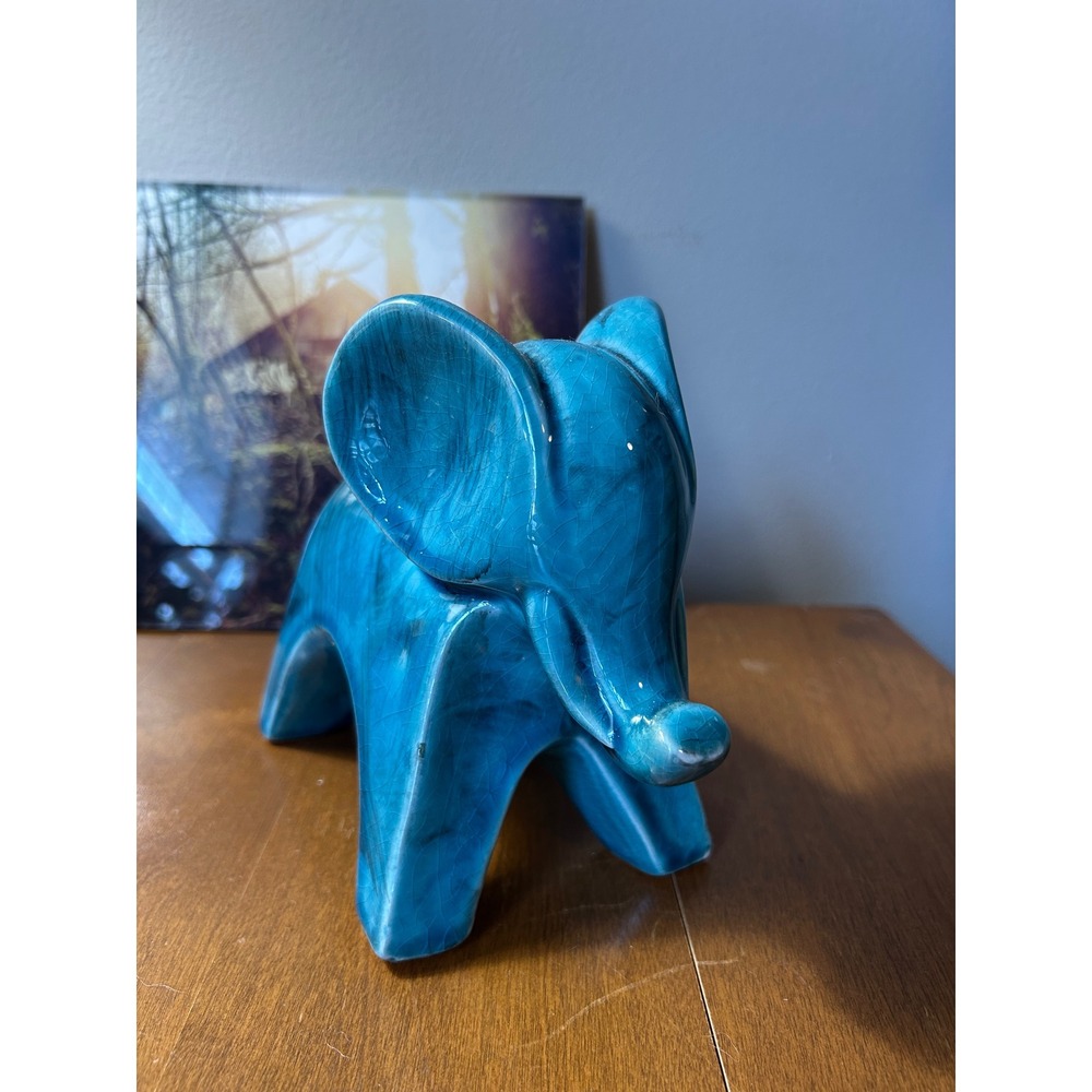 Blue Crackle Glaze Ceramic Elephant Figurine Decor